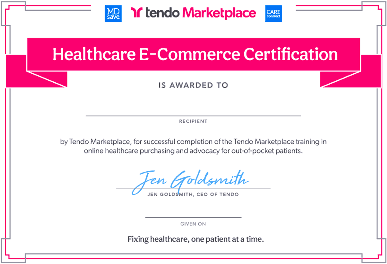 Tendo Marketplace Healthcare Ecommerce Certificate
