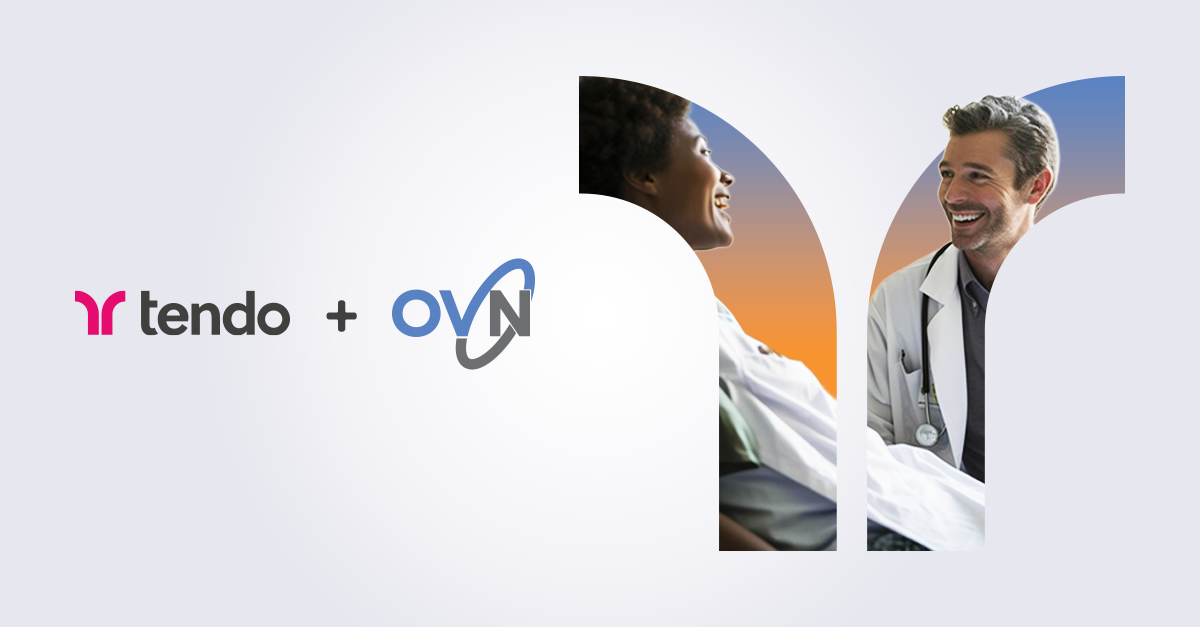 Tendo and OrthoForum Value Network (OVN) co-branded logos beside a patient smiling at a male physician wearing a stethoscope.